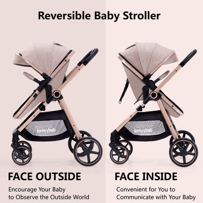 2-in-1 Baby Stroller with Bassinet Mode - Folding Infant Newborn Pram Stroller with Reversible Seat - Toddler Strollers for 0-36 Months Old Babies (Beige)
