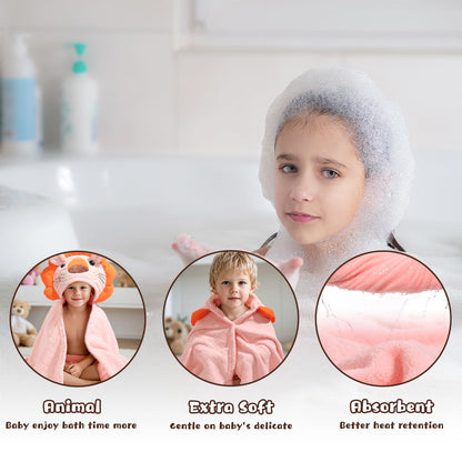 Hooded Baby Towels Boy for 0-6 Years, 50"x 32" Extra Large Toddler Bath Towels with Hood for Boys & Girls, 2-Pack Absorbent Thick Soft Gift for Kids Yellow Lion & Orange Monkey