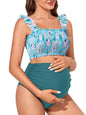 Summer Mae Maternity High Waist Bikini Swimsuit Two Piece Ruffled Hem Cute Bathing Suit Floral Pregnancy Swimwear