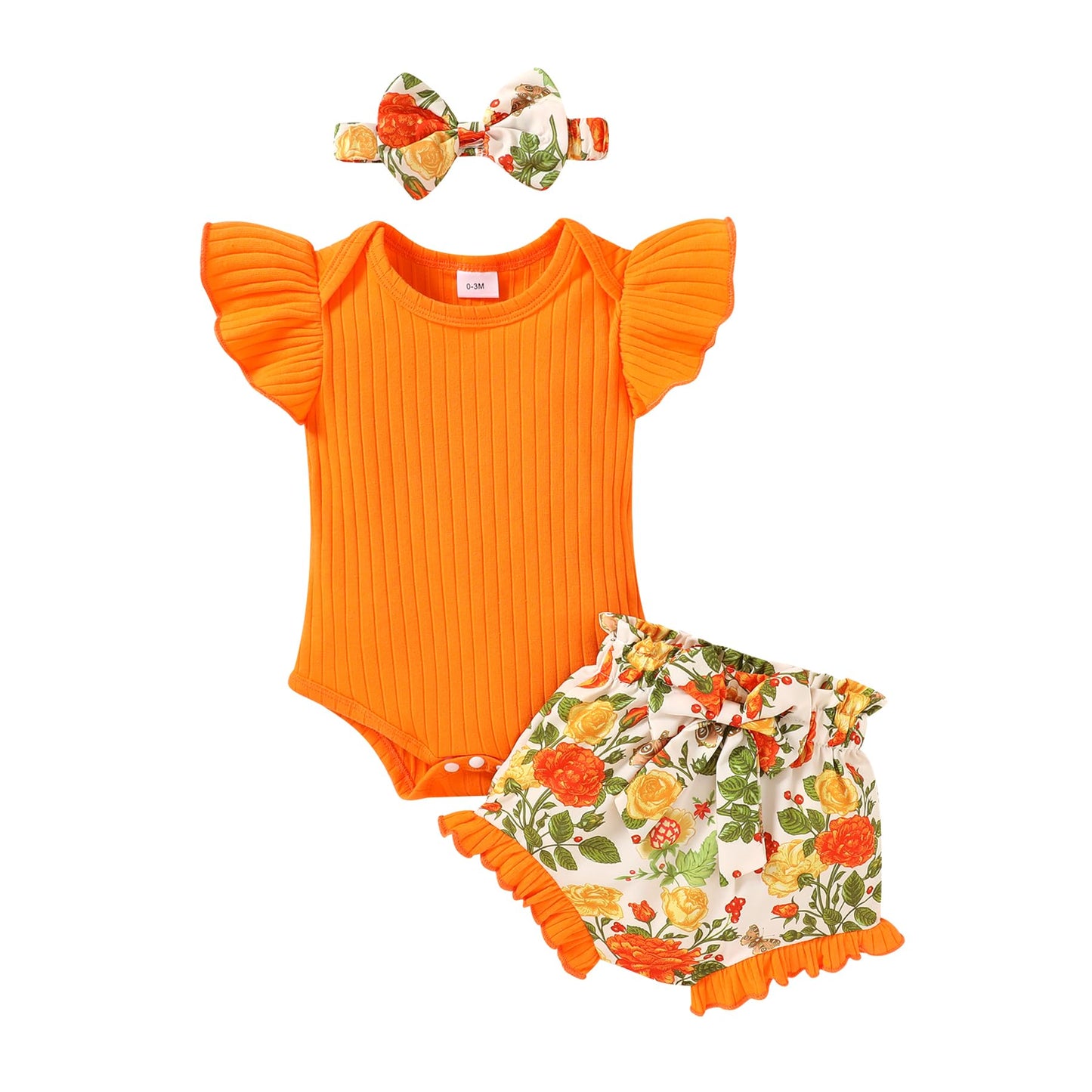 Tiny Cutey Baby Girl Clothes Infant Summer Outfits Set Ruffle Sleeve Romper and Floral Shorts with Headband