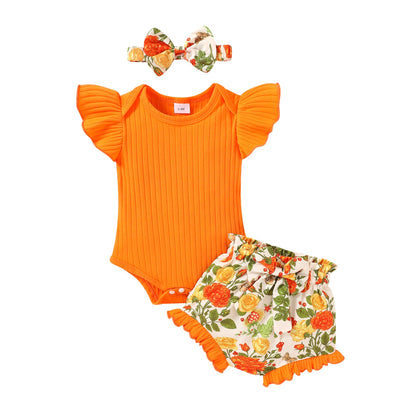Tiny Cutey Baby Girl Clothes Infant Summer Outfits Set Ruffle Sleeve Romper and Floral Shorts with Headband