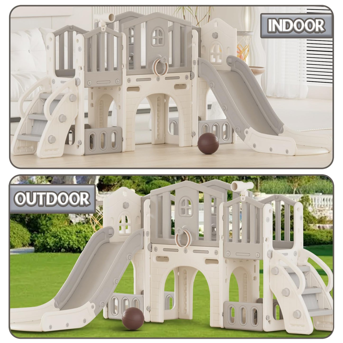 KORIMEFA 8 in 1 Toddler Slide Set, Kids Slide for Toddlers Age 1-3, Toddler Climber PlaySet with Basketball Hoop and Ball, Outdoor Indoor Kids Playground for Toddlers 1-3, Beige
