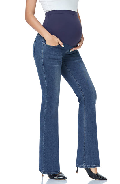 GLAMIX Women's Stretch Maternity Bootcut Jeans with Pockets Over The Belly Bell Bottoms Flare Denim Pants Pregnancy Clothes