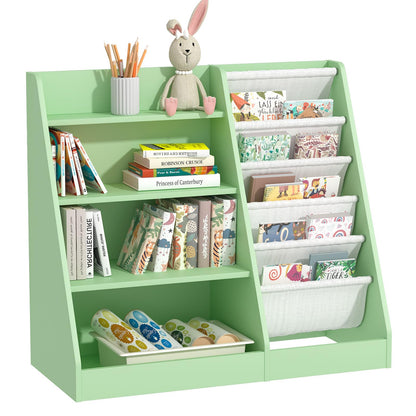 White Kids Bookshelf Wood Toy Storage Organizer Cabinet Children Bookcase Toddler Baby Sling Book Rack 3 Cube Bins Fabric Drawers for Playroom Bedroom Nursery School