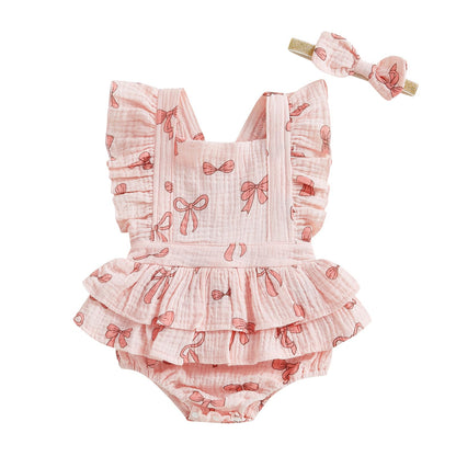 Baby Girls Flutter Sleeve Ruffles Layered Romper Dress Cute Patterns Printed Holiday Outfit with Headband