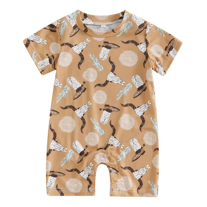 Gueuusu Country Baby Clothes Boy Girl Western Cow Print Short Sleeve Romper Bodysuit Ribbed One Piece Jumpsuit Summer Outfit