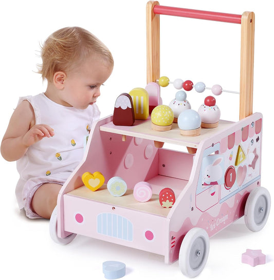 labebe Wooden Baby Walker, Push Activity Walker for Kids 12M+, Multifunctional Ice Cream Cart Activity, Adjustable Speed Learning Walking with Wheels, Birthday Gift for Girls Boys Ages 1-3 (Pink)