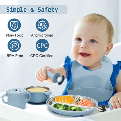Baby Weaning Bundle, Silicone Baby Feeding Set, Comes with Detachable Silicone Stainless Steel Toddlers Plate and Bowl set, Baby Bib and 2-in-1 Water Cup and spoons (Blue)