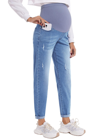 POSHGLAM Women's Maternity Jeans Over Belly Comfy Stretch Boyfriend Jeans Loose Pregnancy Pants, S-XXL