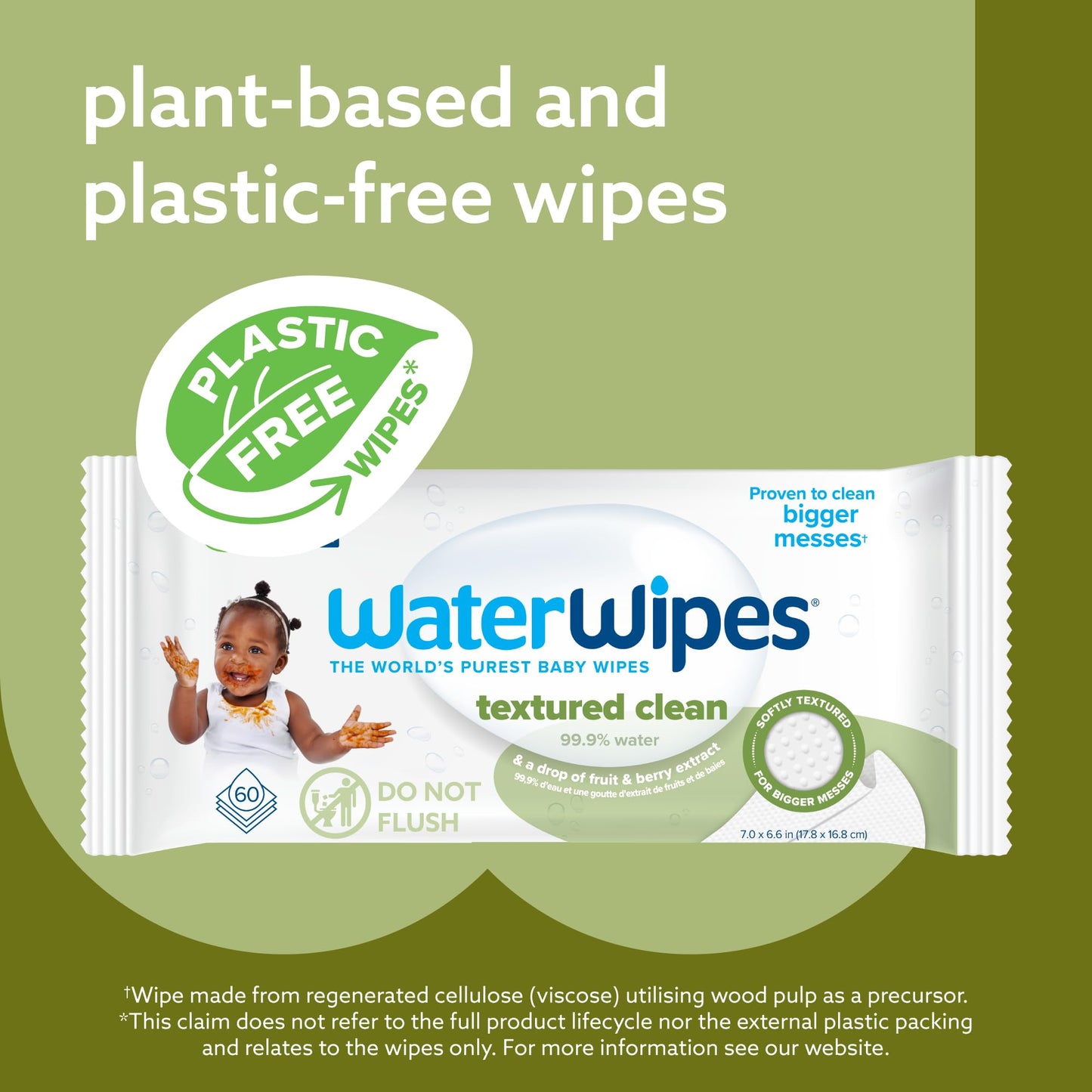 WaterWipes Plastic-Free Textured Clean, Toddler & Baby Wipes, 99.9% Water Based Wipes, Unscented & Hypoallergenic for Sensitive Skin, 60 Count (12 packs), Packaging May Vary