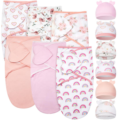 Ramede 6 Pack Baby Swaddle Blanket with Hats Sleep Swaddle for 0-3 Months Newborn Sacks Soft Cotton Wearable for Boy Girl