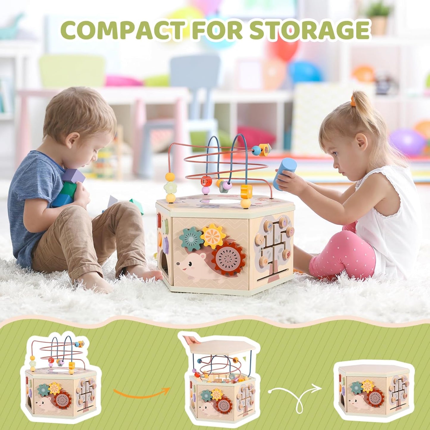Large Wooden Activity Cube for Toddlers, 9 in 1 Educational Baby Activity Cube, Montessori Toys for 1+ Year Old Boys & Girls, Cute Zoo Theme Baby Cube Toy Sorting & Stacking Game, 1st Birthday Gift
