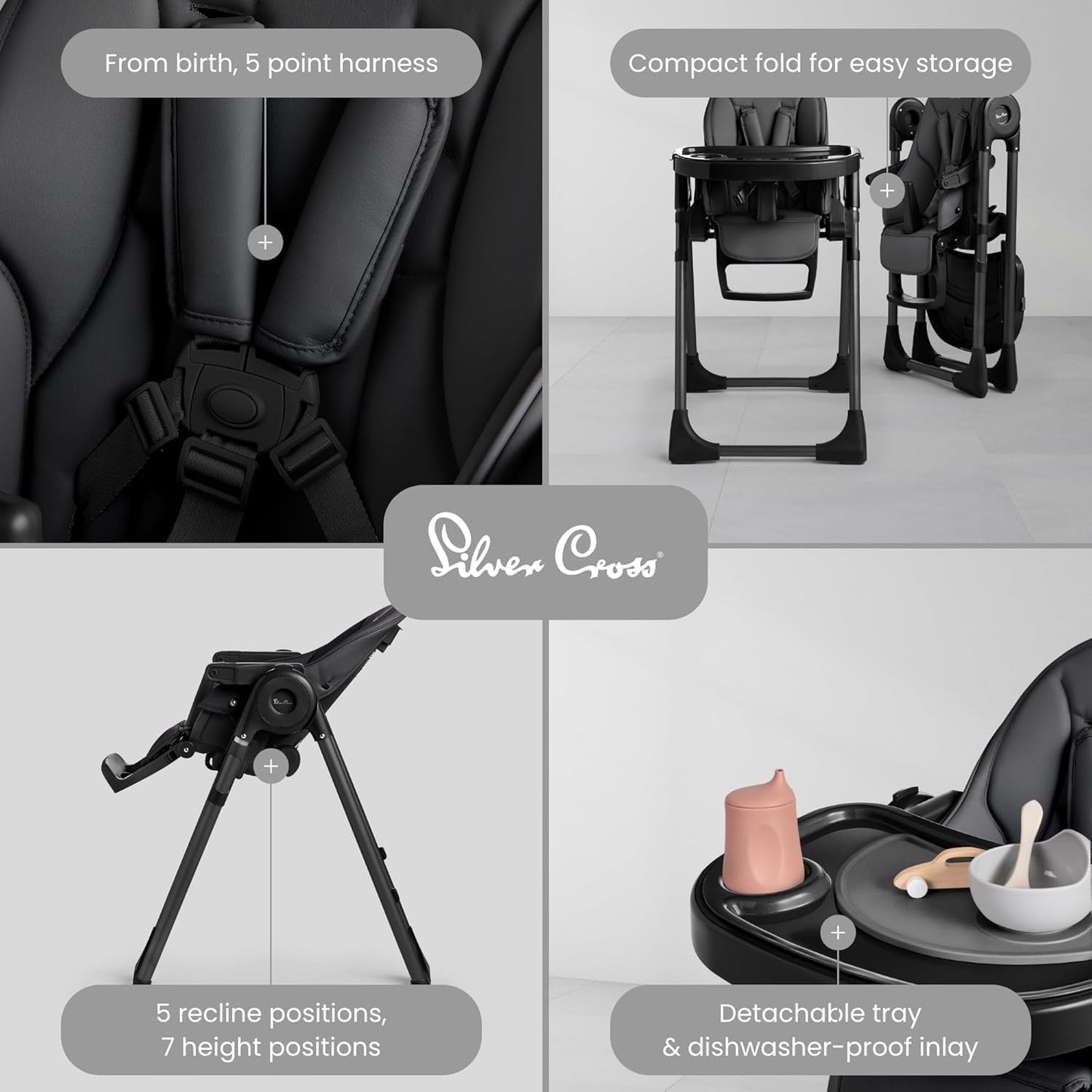 Silver Cross Gourmet High Chair for Babies and Toddlers - Portable Lightweight Baby High Chair for Newborns to 3 Years - Foldable Toddler Chair, Easy to Clean, with Deep Recline & 7 Height Positions