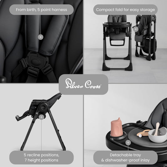 Silver Cross Gourmet High Chair for Babies and Toddlers - Portable Lightweight Baby High Chair for Newborns to 3 Years - Foldable Toddler Chair, Easy to Clean, with Deep Recline & 7 Height Positions