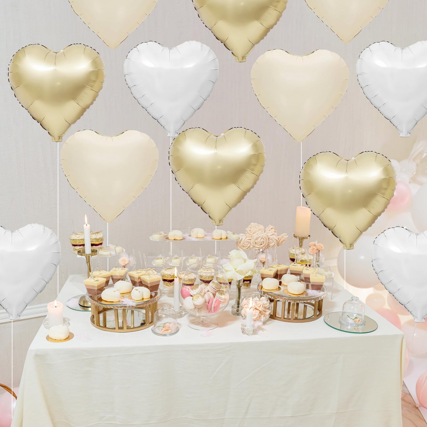 Sage Green Gold Heart Balloons,12Pcs Light Gold Heart Shaped Foil Balloons,18Inch Cream White Helium Mylar Balloon for Baby Shower Birthday Anniversary Wedding Party Decorations