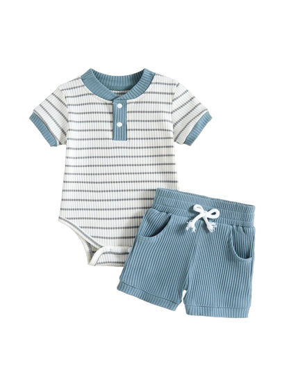 Baby Boy Outfits Ribbed Short Sleeve Striped Romper Top Solid Shorts with Pocket Baby Boy Summer Clothes 0-18M