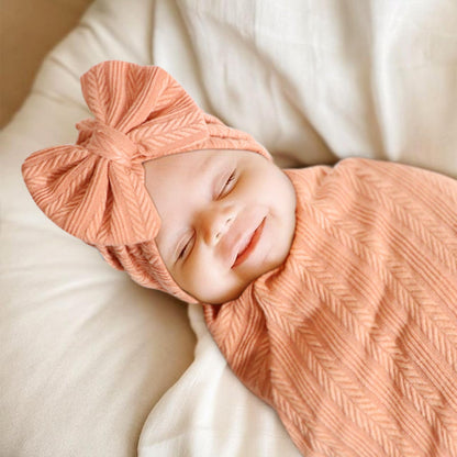 Newborn Receiving Blanket with Bow Hat Mittens Wooden Card Set Wheat-Pattern Newborns Toddler Baby Boy Girl Nursery Swaddle Wrap