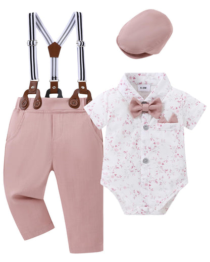 YALLET Baby Boy Clothes Suit Newborn Infant Gentleman Outfits, Formal Dress Shirt+Bowtie+Suspender Shorts Wedding Party Set