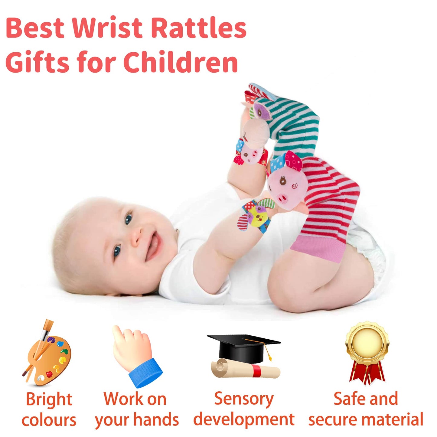 Baby Wrist Rattle Socks and Foot Finder Set Baby Rattles Toys for 0-12 Month, Infant Girl Boy Toys for Babies 3-6 Months, Newborn Hand & Foot Toys for 0 to 9 Months, Baby Easter Gifts