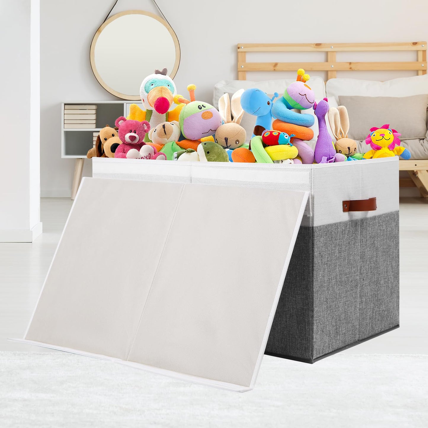 Large Toy Storage Box with Lid, Sturdy Toys Storage Chest Bin Organizer Basket with Dividers for Kids, Boys, Girls, Nursery, Closet, Bedroom, Playroom 25"x13" x16" (Beige and White)
