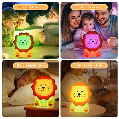 Night Light for Kids, 7 Colors Soft Silicone Kids Night Light with 3 Level Dimmable, Rechargeable Anti-glare Nursery Night Light with Warm White & Multicolor, Squishy Cute Lion Bedside Touch Lamp