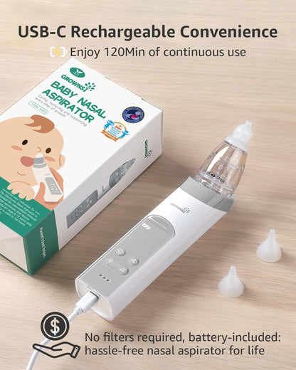 GROWNSY Nasal Aspirator for Baby, Electric Nose Aspirator for Toddler, Baby Nose Sucker, Automatic Nose Cleaner with 3 Silicone Tips, Adjustable Suction Level, Music and Light Soothing Function
