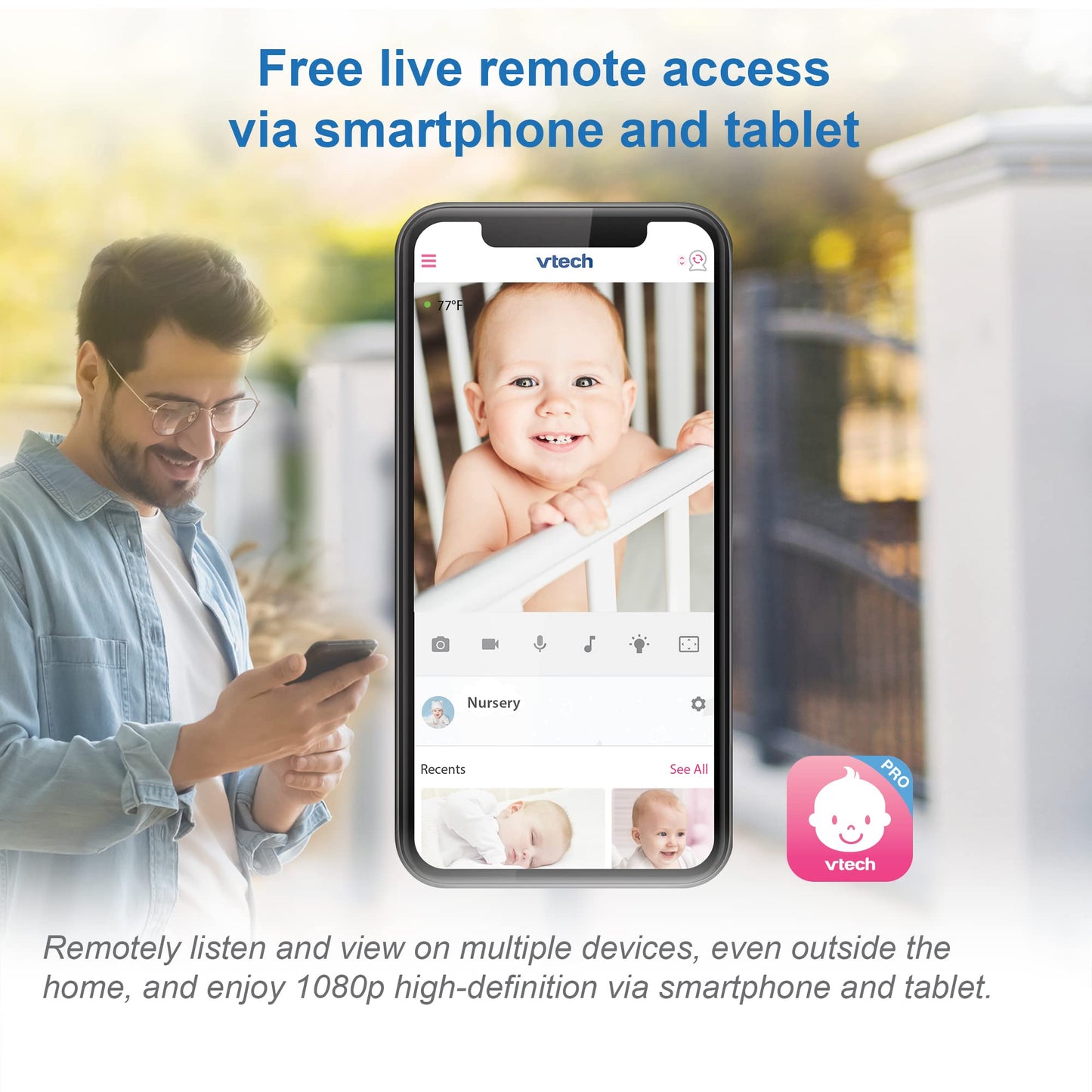 VTech RM9751 Yellow Daisy Smart Wi-Fi Baby Camera, iOS & Android Enabled, 1080p Full HD, Privacy Mode Cover, Night Light, Soothing Sounds & Lullabies, Two-way Intercom,Temperature Sensor, Night Vision