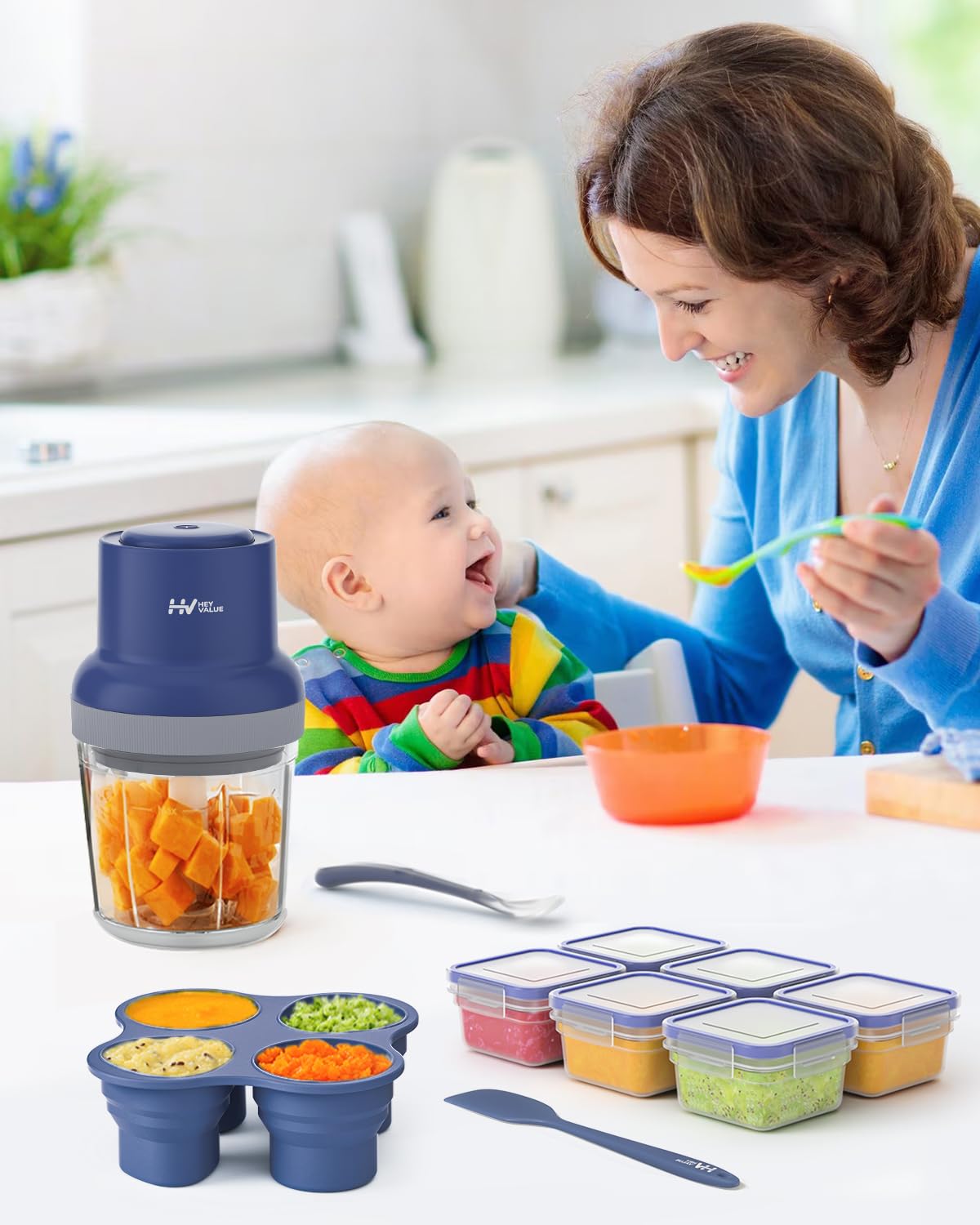 HEYVALUE Baby Food Maker, 13-in-1 Baby Food Puree Blender for Baby Food, Fruit, Vegatable, Meat, with Food Containers, Baby Food Processor Freezer Tray, Silicone Spoons, Silicone Spatula(Light Green)