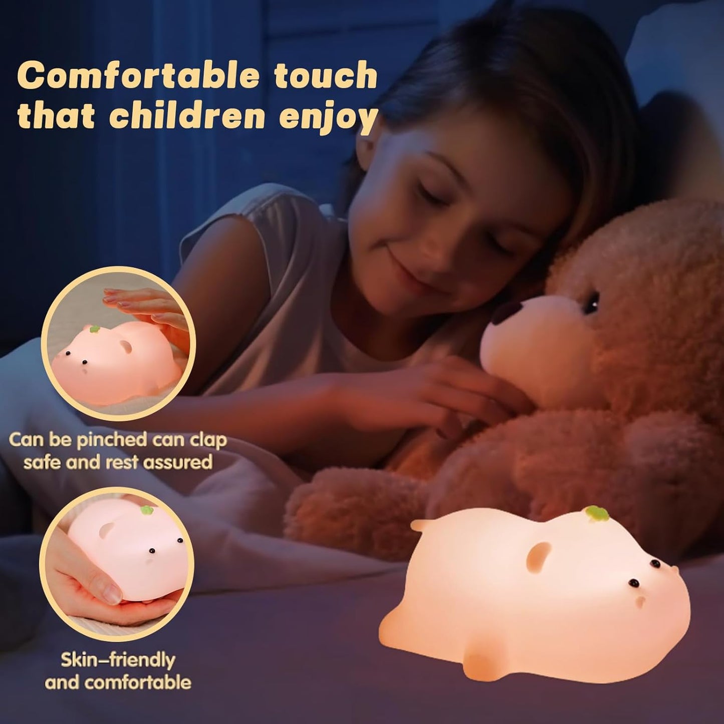 Night Light for Kids, Cute Pink Silicone Hippo Night Light, Rechargeable, Touch Sensor Bedside Table Lamp, Squishy Animal Led Lamp for Bedroom Living Room Gift Decor, Red, AAB-00212