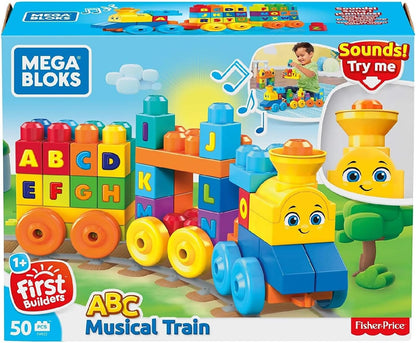 MEGA BLOKS First Builders Toddler Building Blocks Toy Set, ABC Musical Train with 50 Pieces, Music and Sounds, Ages 1+ Years