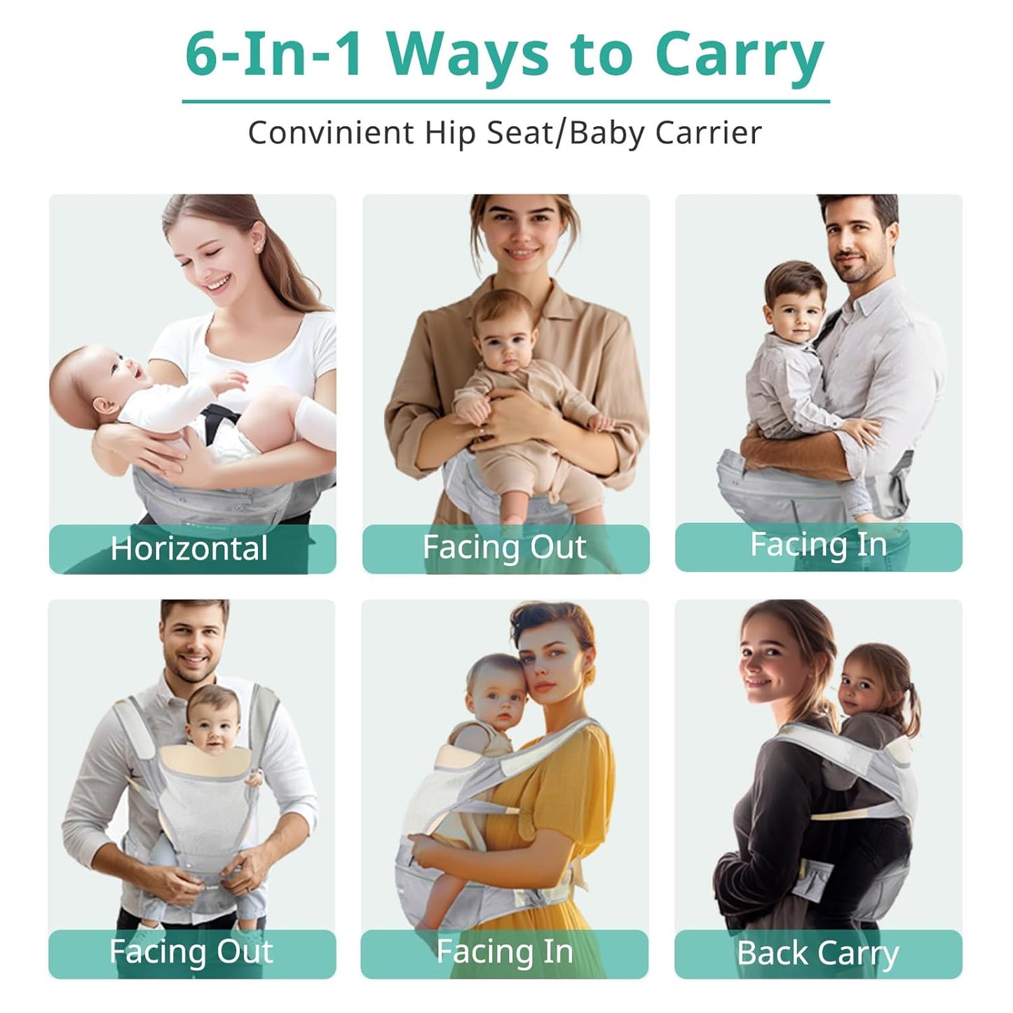 Baby Carrier Adjustable Newborn to Toddler 6-in-1 Detachable Hip Seat Carrier with Breathable & Wider Support, Baby Gear Pockets, Ergonomic Design for Dad - Infant Carrier 25-60 lbs