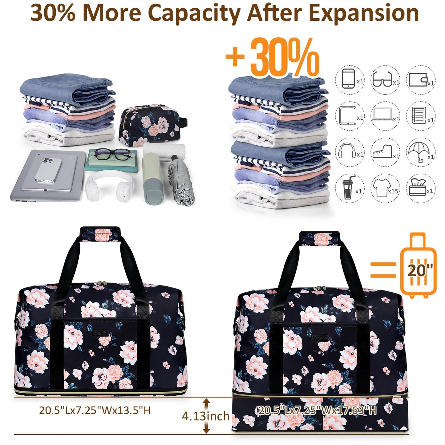 Expandable Travel Duffle Bags Weekender Overnight Bags for Women Men Hospital Bag for Women Labor Delivery with Toiletry Bag Waterproof