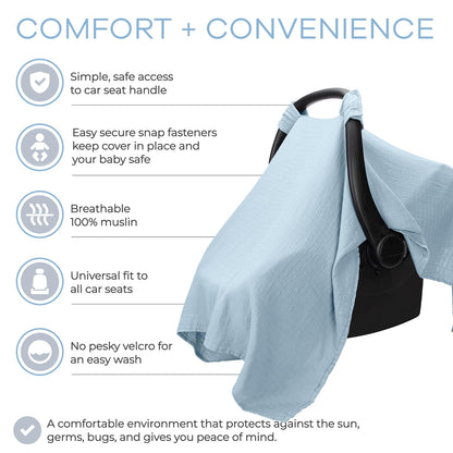 Comfy Cubs Baby Car Seat Cover - Soft, Breathable Bamboo Rayon and Muslin Cotton Blend - Lightweight Canopy for Sun, Bug, and Comfort Protection - Large Size Infant Seat Cover in Sage Design