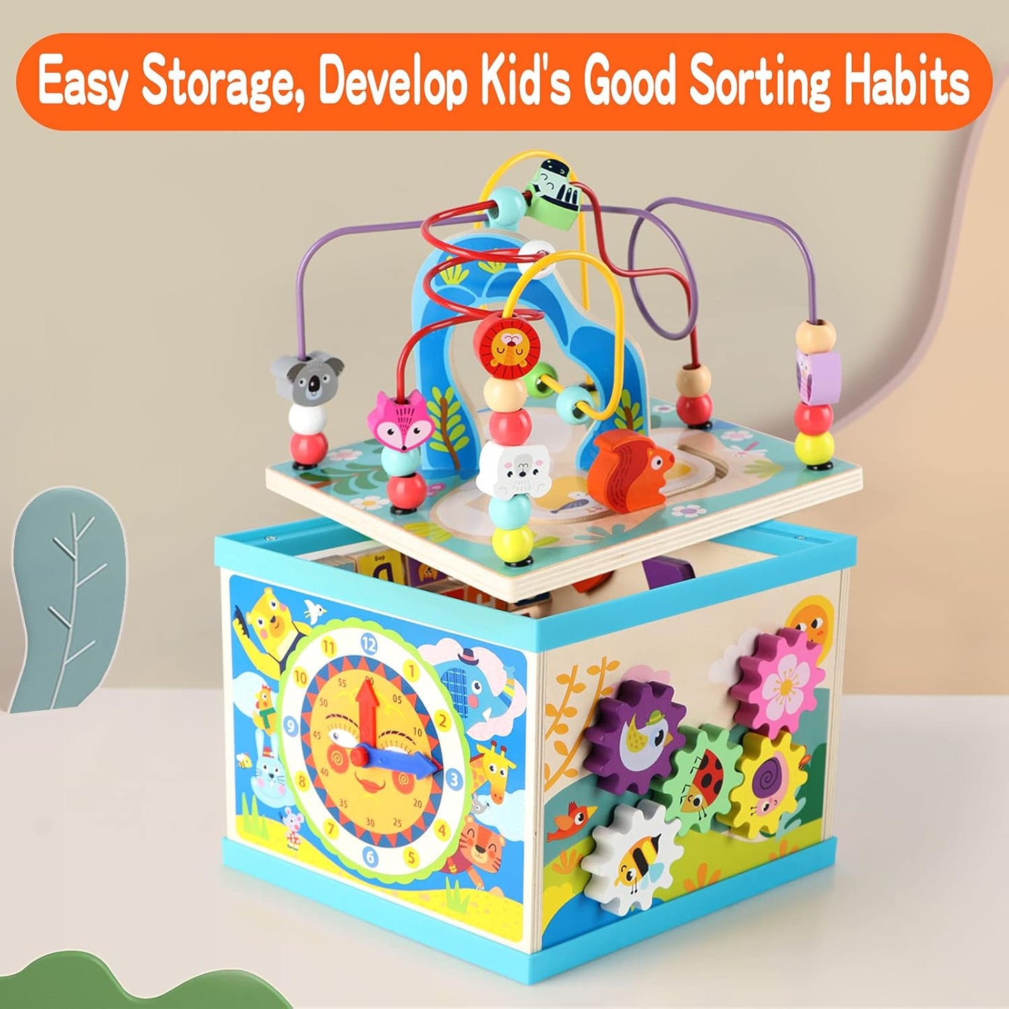 Qilay Wooden Activity Cube for Toddlers 1-3 (Large), 5 in 1 Multipurpose ABC-123 Abacus Bead Maze Shape Sorter | Early Educational Toy for Toddlers - First Birthday Present for Boys Girls