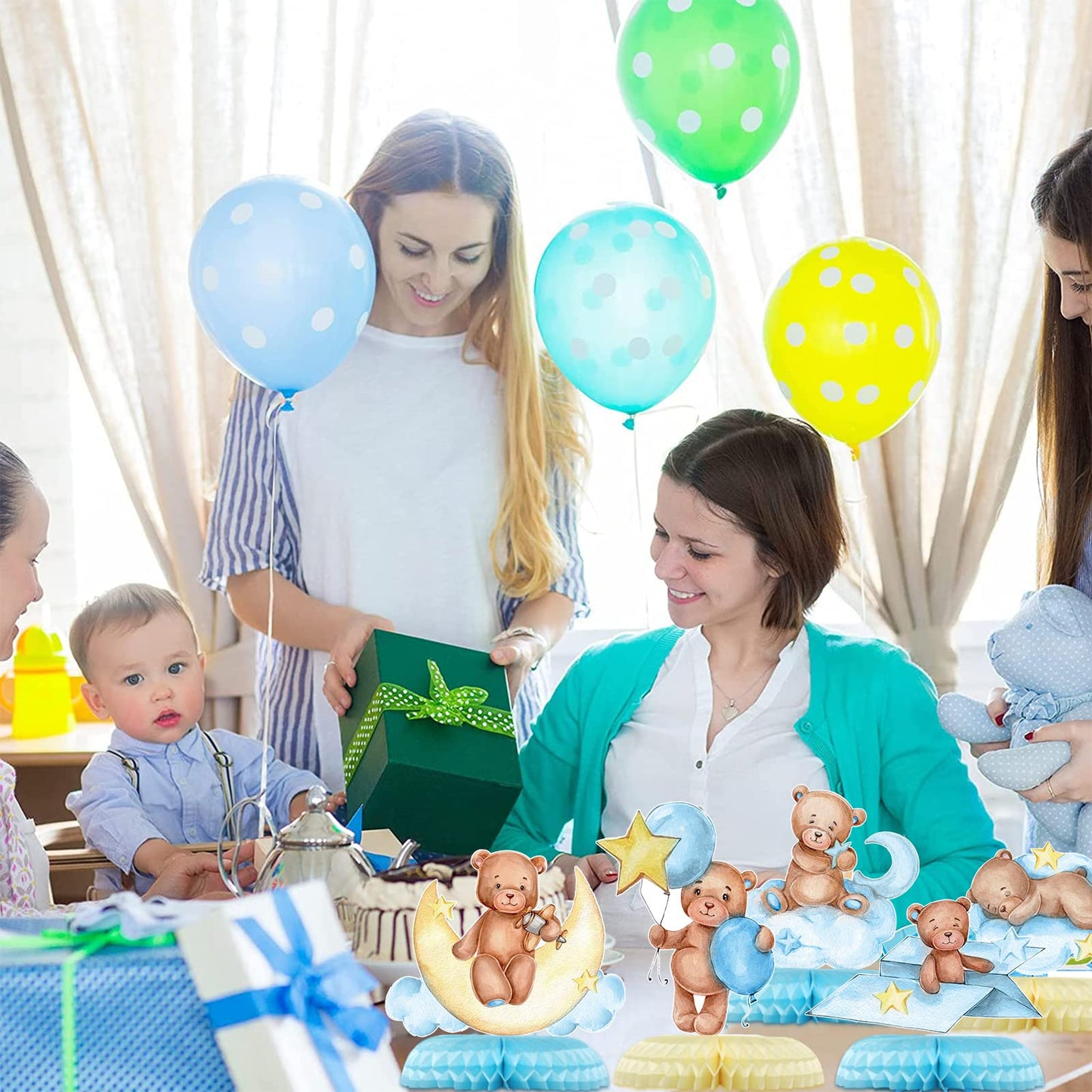 Tarklanda 9 Pcs Bear Baby Shower Honeycomb Centerpieces for Boys Party Decorate,Little Bear Balloons Cutouts Table Topper Honeycomb 3D Table Decoration for Kids Baby Shower Birthday Party Supplies