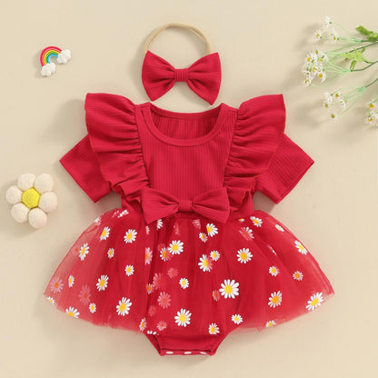 Baby Girls Daisy Romper Bowknot Bodysuit+Headband Short Sleeve Playsuits Floral Jumpsuit Infant Summer Clothes