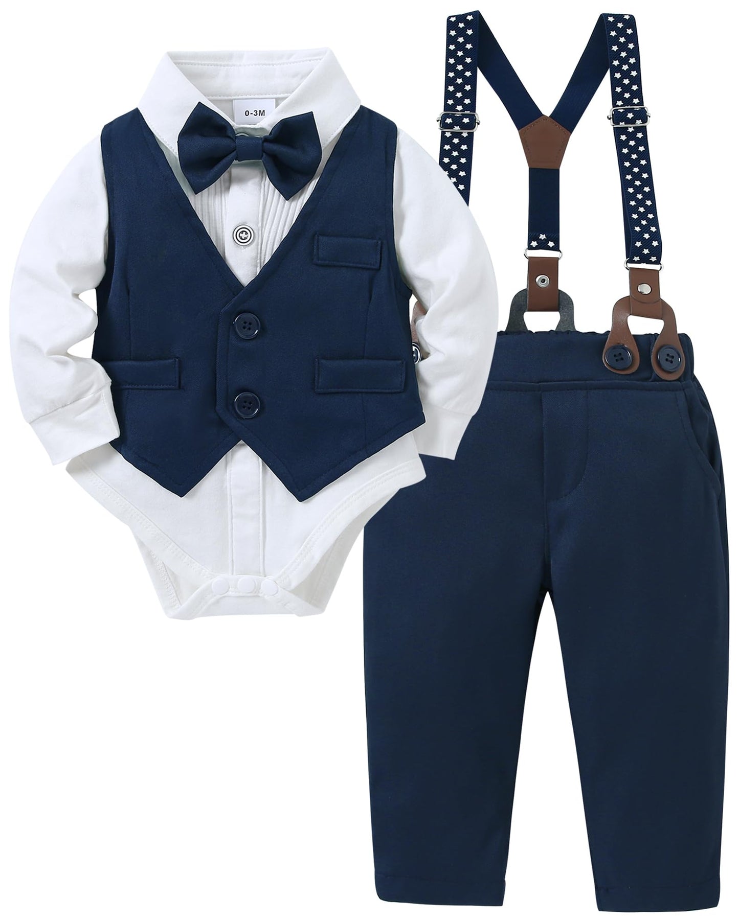 YUEMION Baby Boy Clothes Wedding Outfit Suits, 0-18 Months Infant Boy Gentleman Set, Dress Shirt+Vest+Suspender Pants+Bowtie