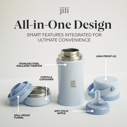 Jili All-in-One Baby Bottle, Insulated Stainless Steel Bottle with Formula Container, Anti-Colic Nipple, and Leak-Proof Lid, Baby Essentials for Travel, BPA and Phthalates-Free, Almond, 11 oz.