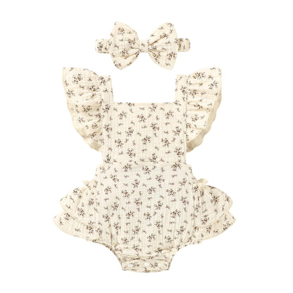 Happy Town Baby Girl Clothes Toddler Summer Linen Romper Sleeveless Ruffle Outfits Infant Girls Jumpsuit with Headband