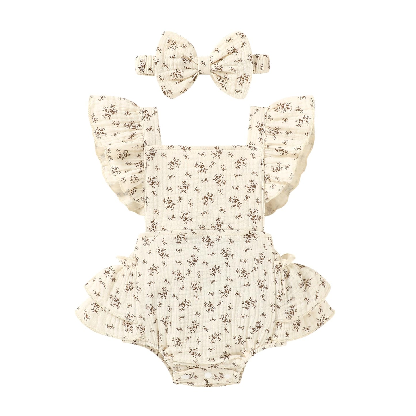 Happy Town Baby Girl Clothes Toddler Summer Linen Romper Sleeveless Ruffle Outfits Infant Girls Jumpsuit with Headband