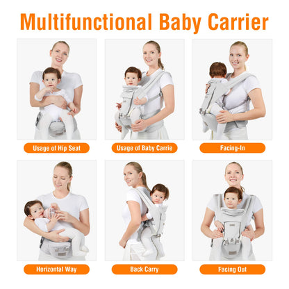 Baby Carrier, Ergonomic 6-in-1 Baby Carrier with Hip Seat for Newborn Infant Toddler, Adjustable Detachable Baby Holder Carrier for Dad Mom