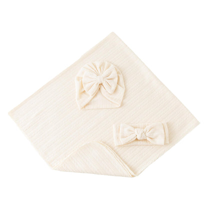 Jastore Baby Infant Swaddle Blankets for Girls 3PCS Newborn Accessories Set with Matching Hat and Bow Headband (Pale Pink, 33"*35")