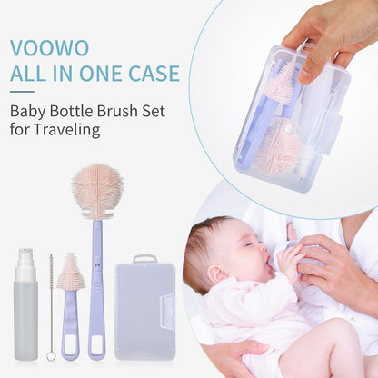 VOOWO Portable Bottle Cleaner Kit Travel Set, Silicone Baby Bottle Cleaner, Straw and Nipple Brush, Soap Dispenser (Purple)