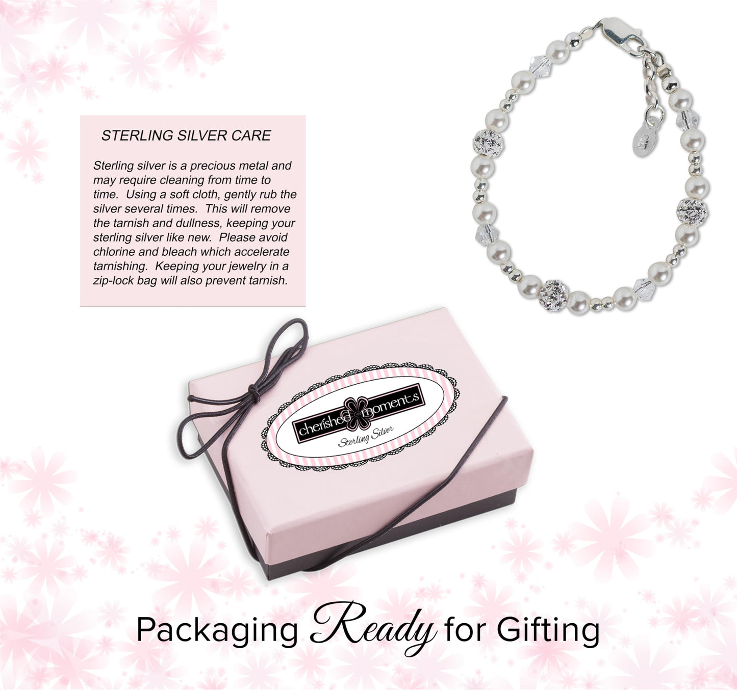 Cherished Moments Sterling Silver Bracelet for Babies, Toddlers and Little Girls with High-End Simulated Pearl, Crystal and Sparkling Stardust Beads