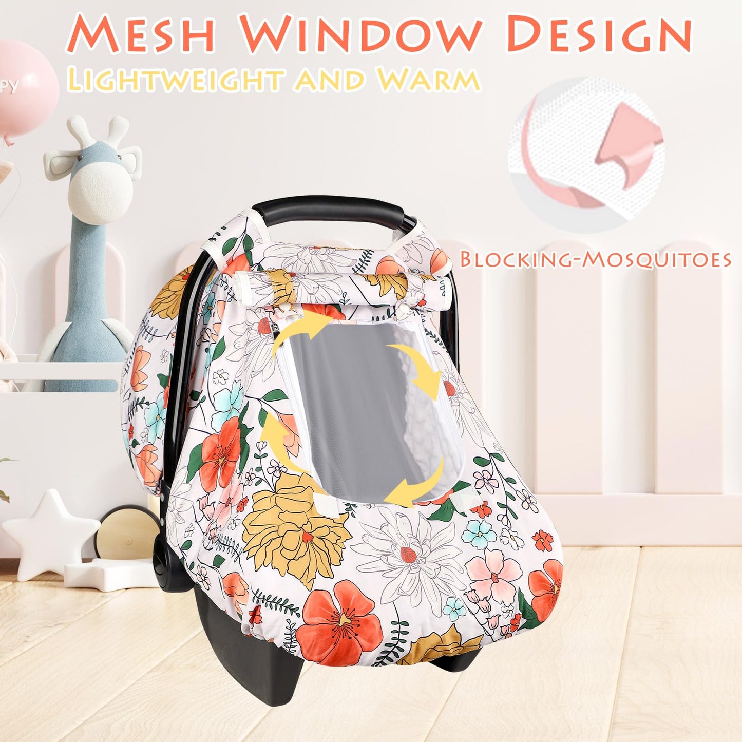 Pea Pod Car Seat Cover Baby, Infant Car Seat Canopy Covers for Newborn with 2 Layers Windows of Breathable Mesh Fabric, Lightweight Polyester/Soft Minky Dot Backing (Floral & Rainbow)
