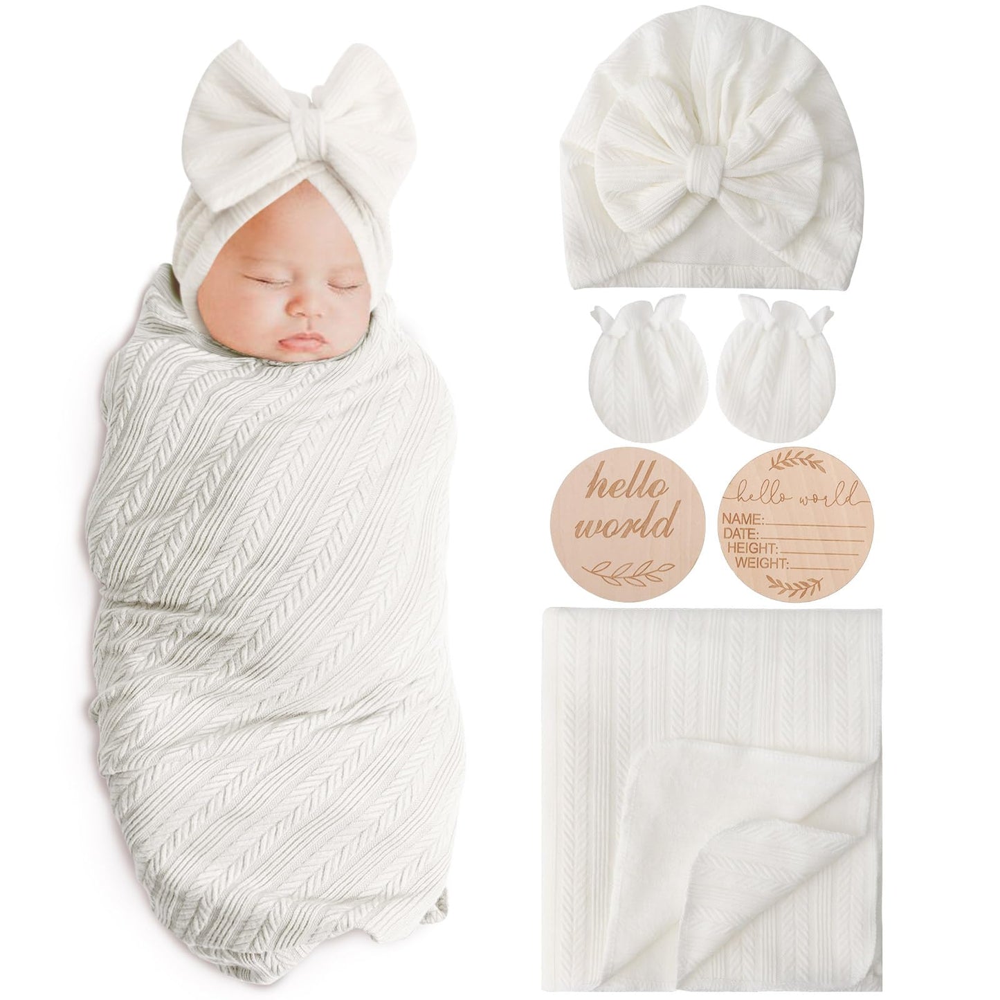Newborn Receiving Blanket with Bow Hat Mittens Wooden Card Set Wheat-Pattern Newborns Toddler Baby Boy Girl Nursery Swaddle Wrap