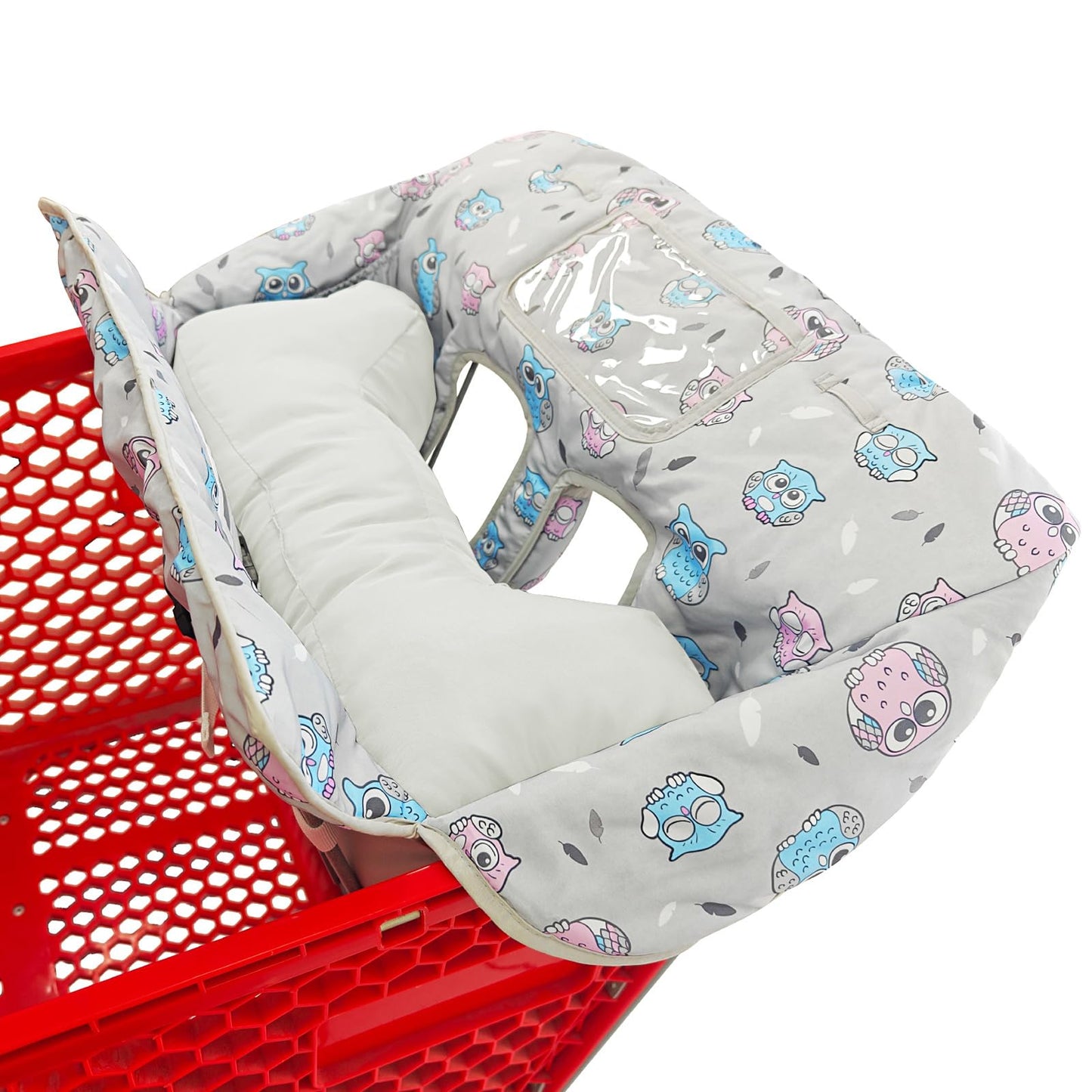 Soft Pillow Attached 2-in-1 Shopping Cart and High Chair Cover for Baby, Cotton Padded Cart Cover, Fold'n Roll Style, Portable with Carry Bag (Blue Elephant)