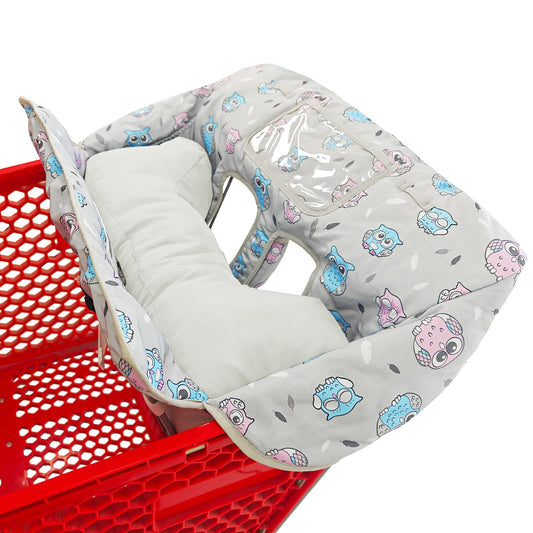 Soft Pillow Attached 2-in-1 Shopping Cart and High Chair Cover for Baby, Cotton Padded Cart Cover, Fold'n Roll Style, Portable with Carry Bag (Blue Elephant)