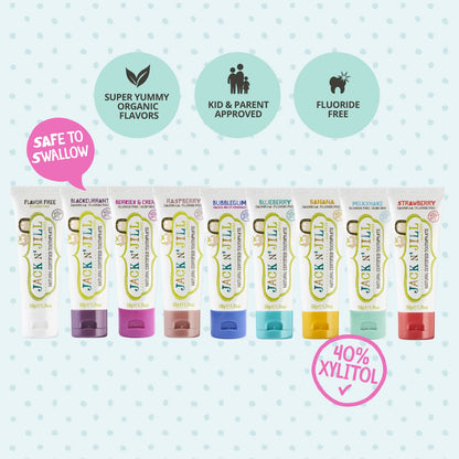 Jack N' Jill Natural Baby Toothpaste - Fluoride Free Training Toothpaste for Babies 6 Months and Up, Safe to Swallow, 40% Xylitol, BPA Free - 1.76 oz (Variety Pack of 3)