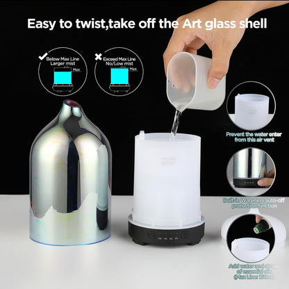Essential Oil Diffuser Hand Blown Glass Aromatherapy Diffuser - Ultrasonic Cool Mist Scent Aroma Diffuser, Whisper Quiet with Auto Shut-Off, Timer Setting &7 Colors Night Light for Home